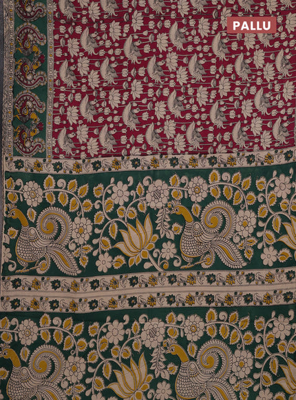 Kalamkari cotton saree magenta pink and green with allover prints and long printed border