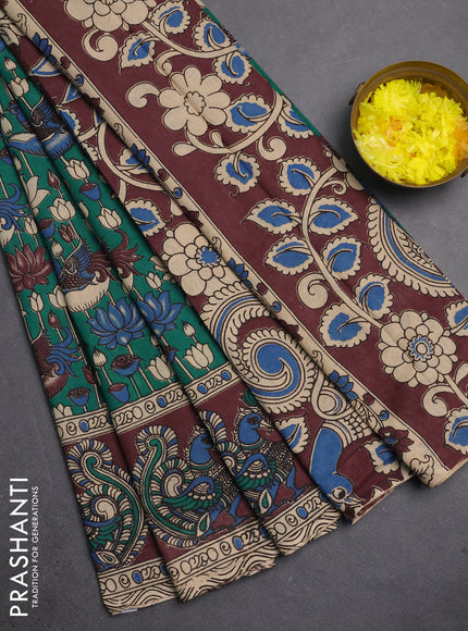 Kalamkari cotton saree green and coffee brown with allover prints and long printed border
