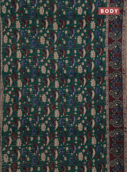 Kalamkari cotton saree green and coffee brown with allover prints and long printed border