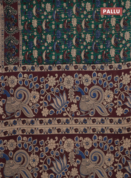 Kalamkari cotton saree green and coffee brown with allover prints and long printed border