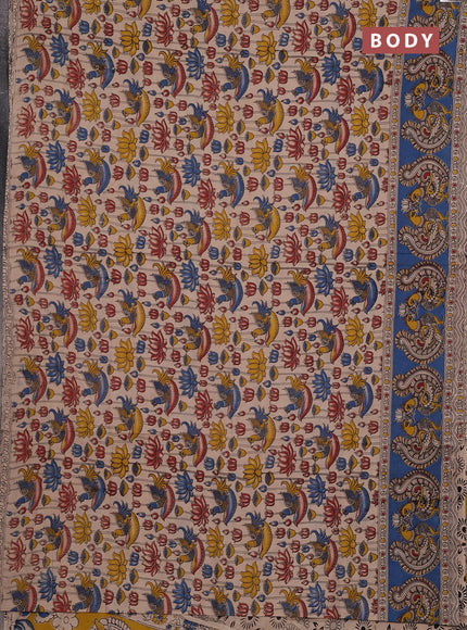 Kalamkari cotton saree beige and blue with allover prints and long printed border