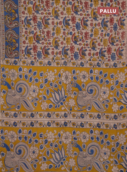 Kalamkari cotton saree beige and blue with allover prints and long printed border