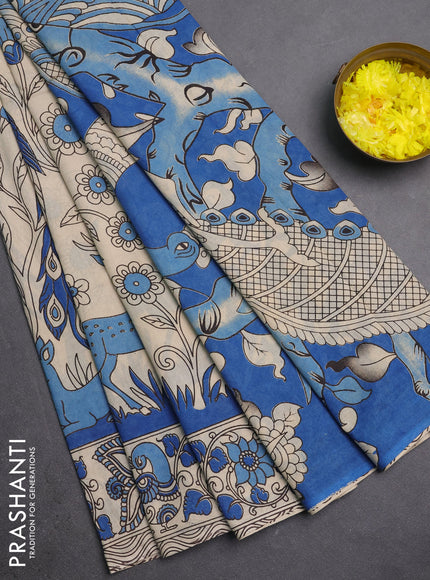 Kalamkari cotton saree beige blue with allover prints and printed border