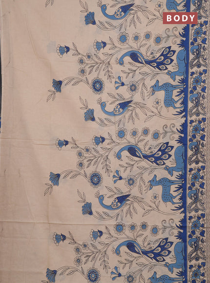 Kalamkari cotton saree beige blue with allover prints and printed border