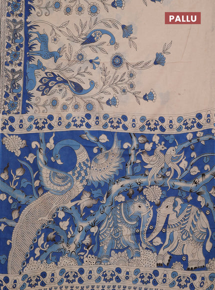 Kalamkari cotton saree beige blue with allover prints and printed border