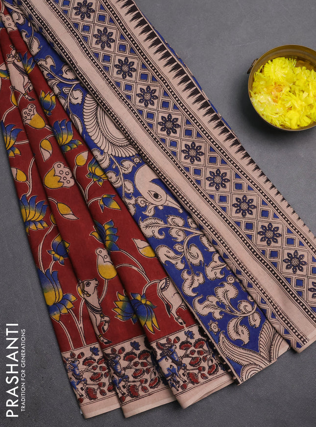 Kalamkari cotton saree maroon and beige with allover pichwai prints and printed border
