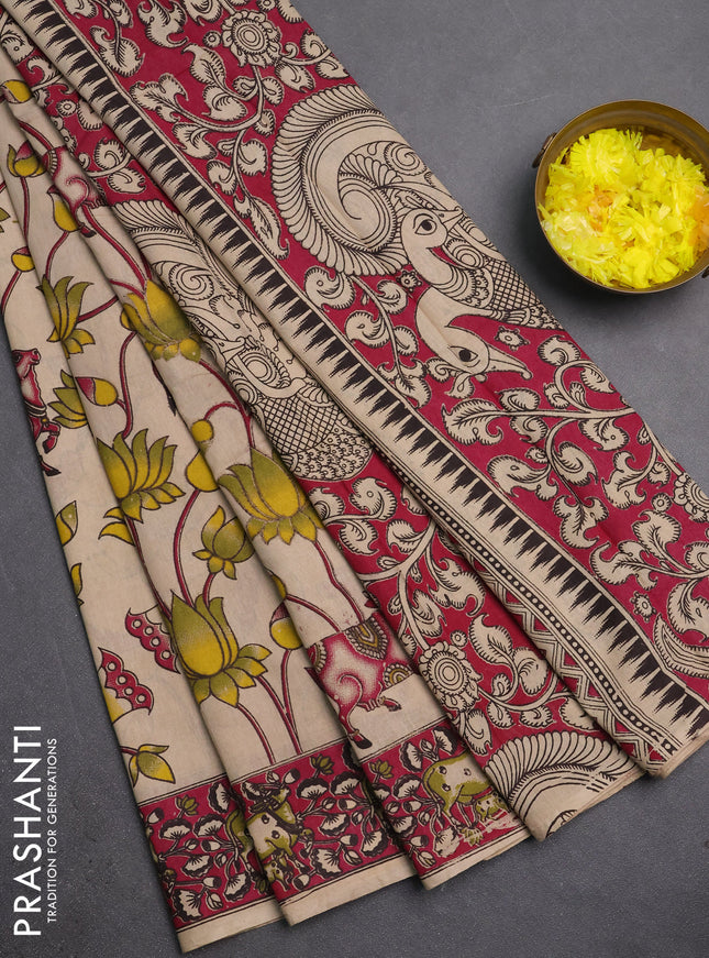 Kalamkari cotton saree beige and pink with allover pichwai prints and printed border