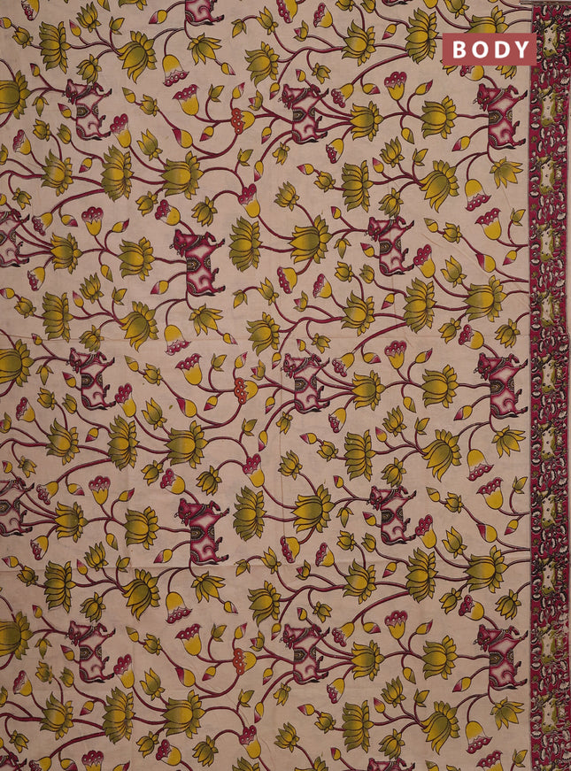 Kalamkari cotton saree beige and pink with allover pichwai prints and printed border