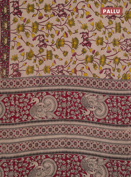 Kalamkari cotton saree beige and pink with allover pichwai prints and printed border
