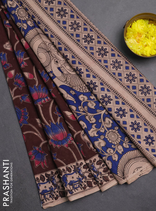 Kalamkari cotton saree coffee brown and beige with allover pichwai prints and printed border