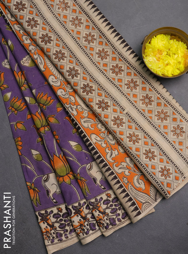 Kalamkari cotton saree lavender and beige with allover pichwai prints and printed border