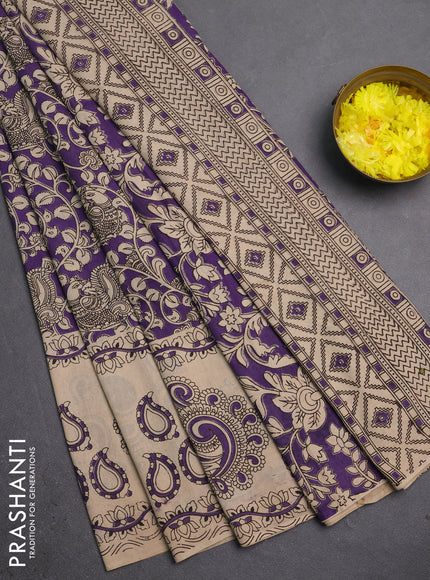 Kalamkari cotton saree lavender and beige with allover prints and long printed border