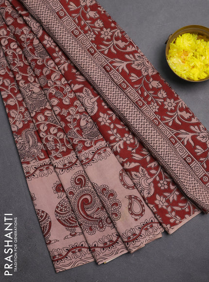 Kalamkari cotton saree maroon and beige with allover prints and long printed border