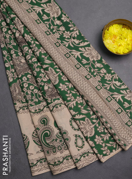 Kalamkari cotton saree green and beige with allover prints and long printed border