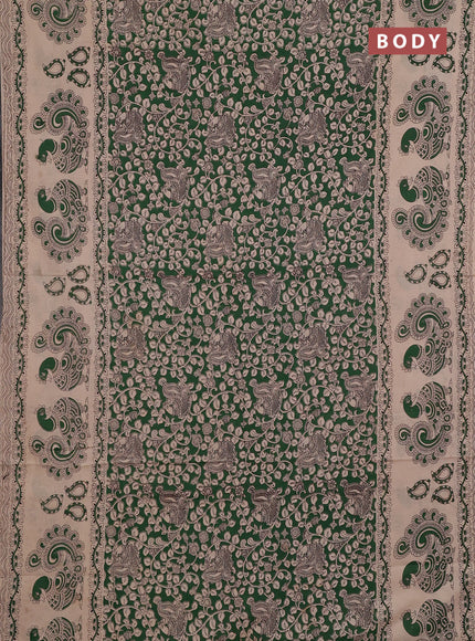 Kalamkari cotton saree green and beige with allover prints and long printed border
