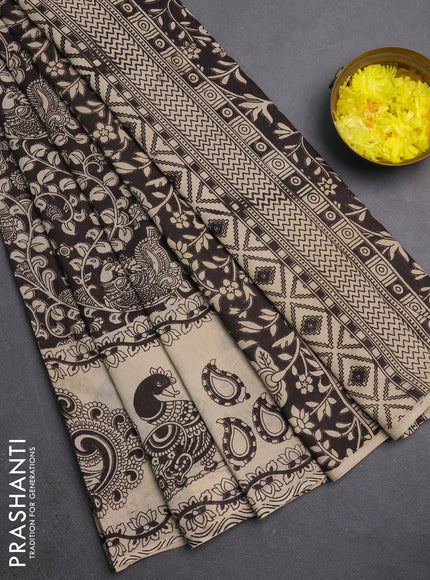 Kalamkari cotton saree dark coffee brown and beige with allover prints and long printed border