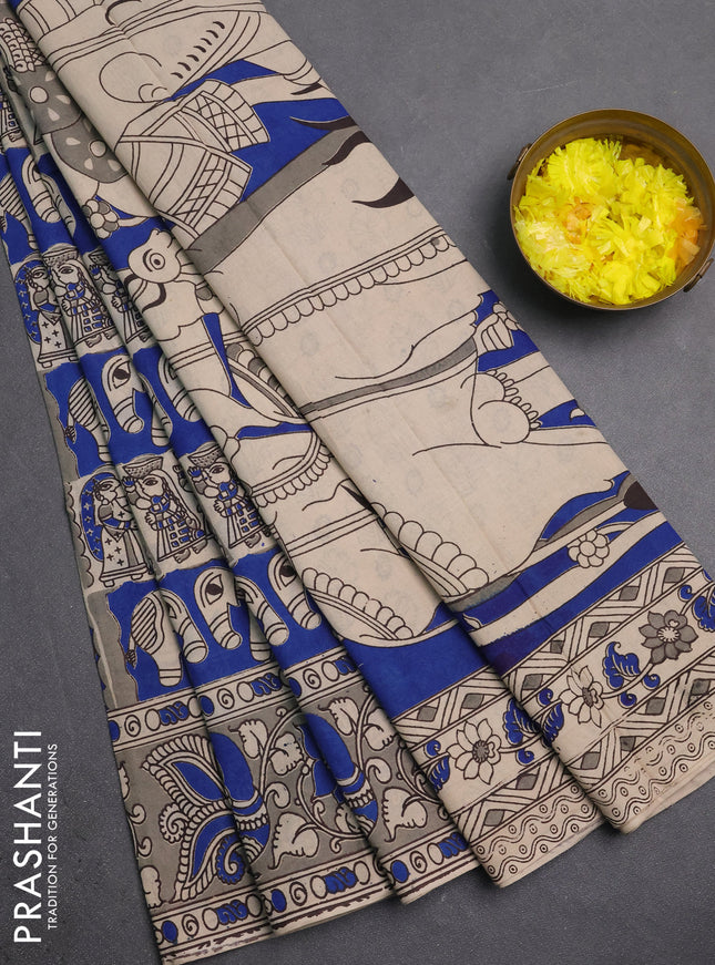 Kalamkari cotton saree blue beige and grey with allover prints and printed border