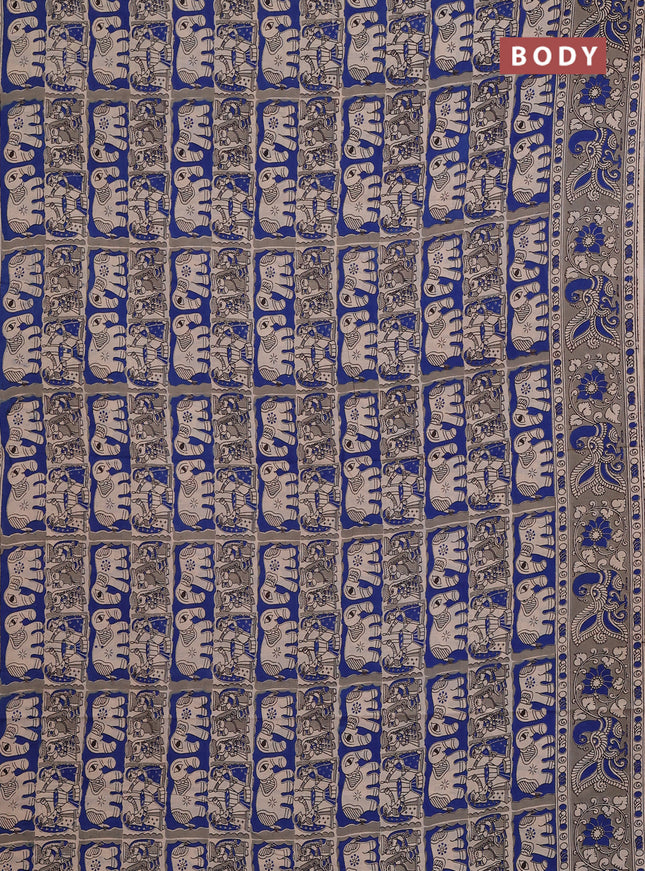 Kalamkari cotton saree blue beige and grey with allover prints and printed border