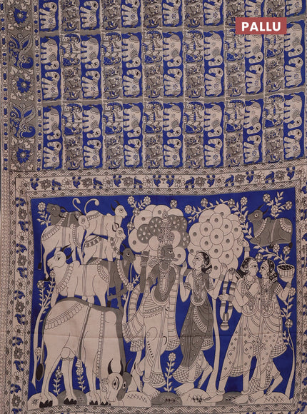 Kalamkari cotton saree blue beige and grey with allover prints and printed border
