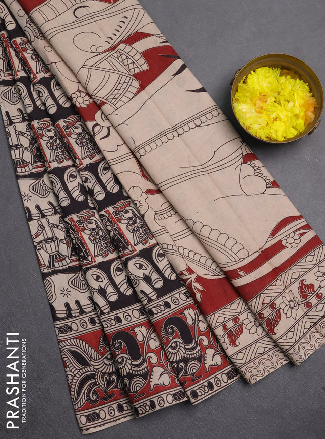 Kalamkari cotton saree beige black and maroon with allover prints and printed border
