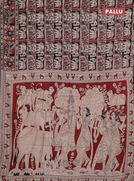 Kalamkari cotton saree beige black and maroon with allover prints and printed border