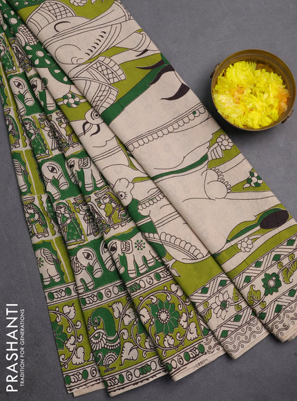 Kalamkari cotton saree green and light green with allover prints and printed border