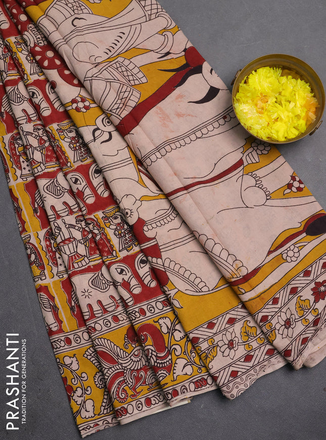 Kalamkari cotton saree beige maroon and mustard yellow with allover prints and printed border
