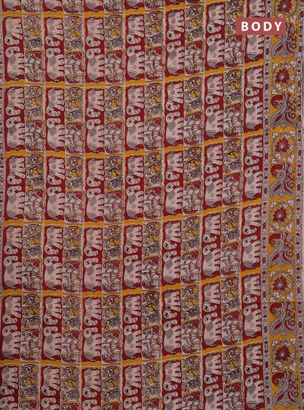 Kalamkari cotton saree beige maroon and mustard yellow with allover prints and printed border