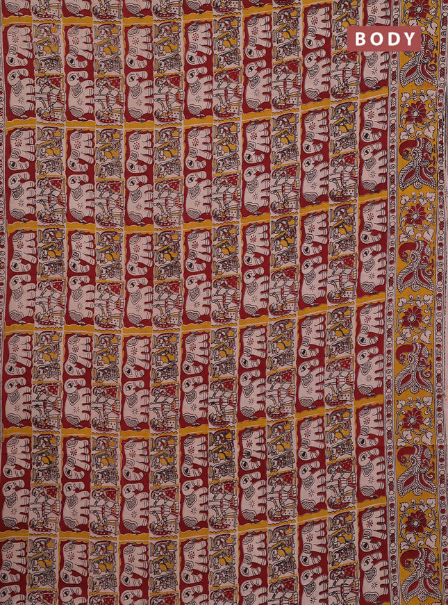 Kalamkari cotton saree beige maroon and mustard yellow with allover prints and printed border