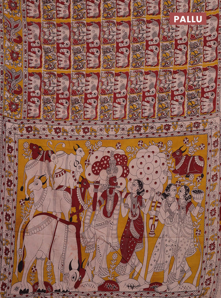 Kalamkari cotton saree beige maroon and mustard yellow with allover prints and printed border