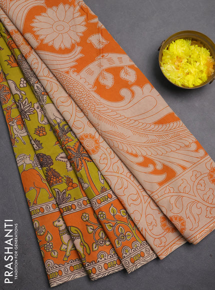 Kalamkari cotton saree mustard green and orange with allover prints and pichwai printed border