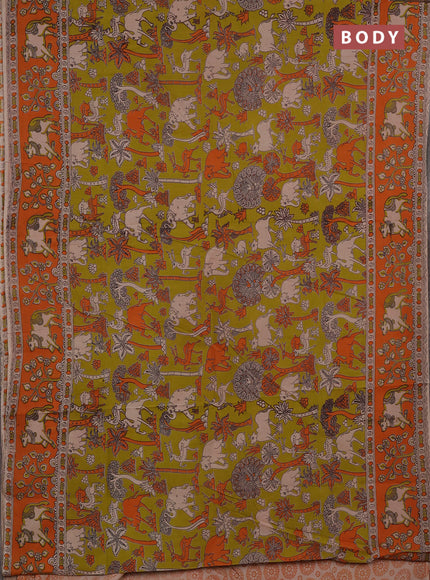 Kalamkari cotton saree mustard green and orange with allover prints and pichwai printed border