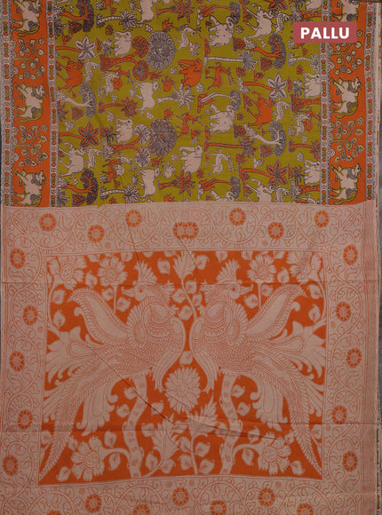 Kalamkari cotton saree mustard green and orange with allover prints and pichwai printed border