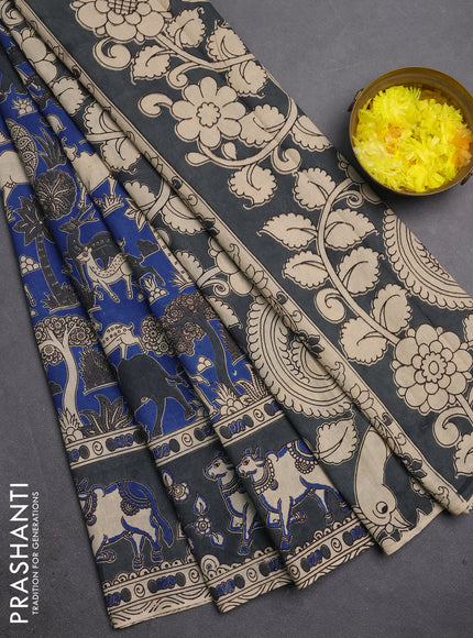 Kalamkari cotton saree blue and grey with allover prints and pichwai printed border