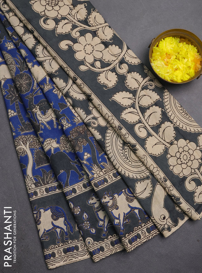 Kalamkari cotton saree blue and grey with allover prints and pichwai printed border