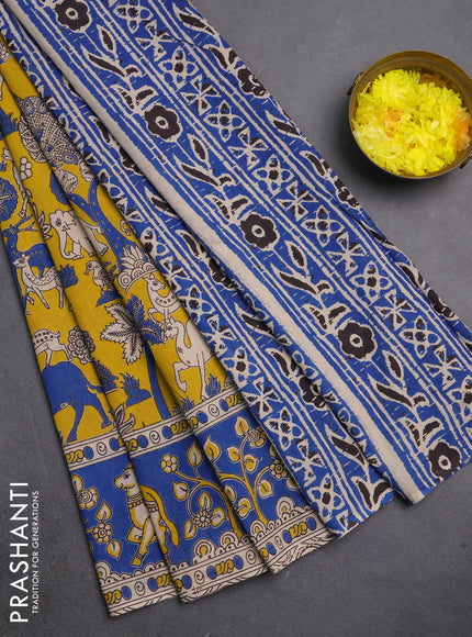 Kalamkari cotton saree yellow and blue with allover prints and pichwai printed border