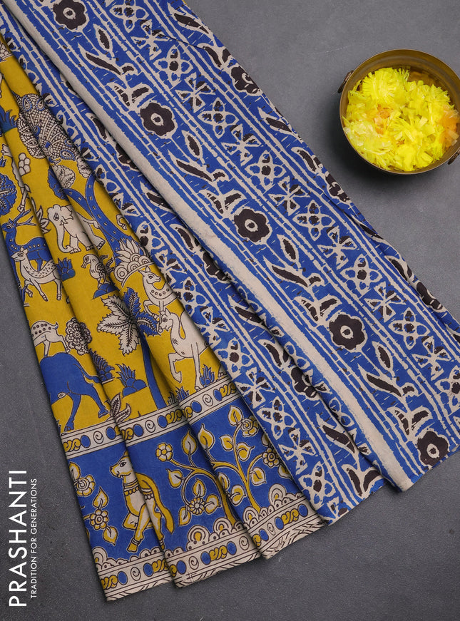 Kalamkari cotton saree yellow and blue with allover prints and pichwai printed border