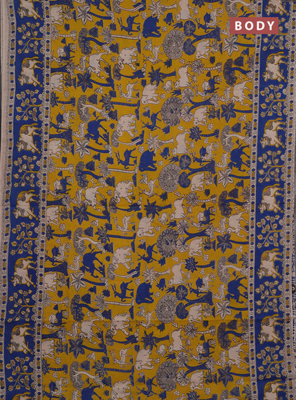 Kalamkari cotton saree yellow and blue with allover prints and pichwai printed border