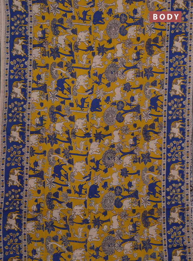 Kalamkari cotton saree yellow and blue with allover prints and pichwai printed border