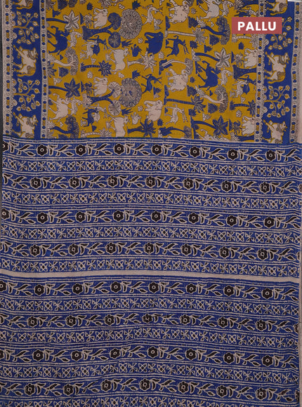 Kalamkari cotton saree yellow and blue with allover prints and pichwai printed border