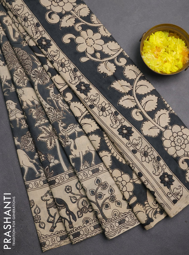 Kalamkari cotton saree grey and beige with allover prints and pichwai printed border