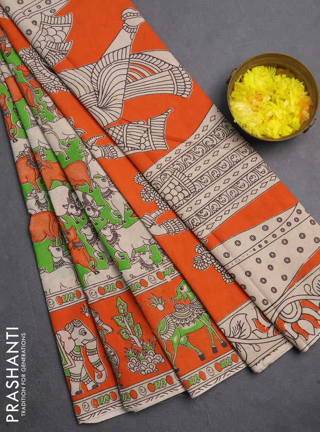Kalamkari cotton saree green and orange with allover pichwai prints and printed border