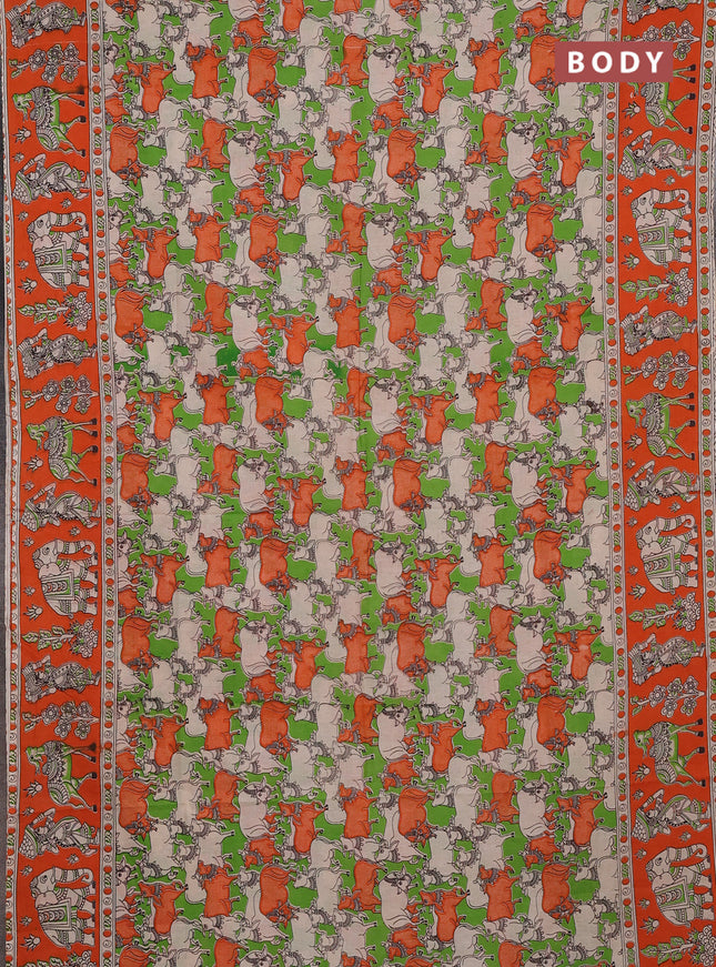 Kalamkari cotton saree green and orange with allover pichwai prints and printed border