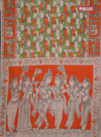 Kalamkari cotton saree green and orange with allover pichwai prints and printed border