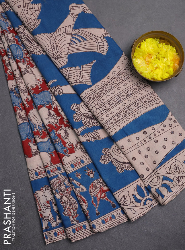 Kalamkari cotton saree maroon and peacock blue with allover pichwai prints and printed border