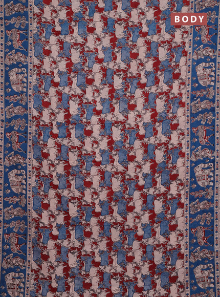 Kalamkari cotton saree maroon and peacock blue with allover pichwai prints and printed border