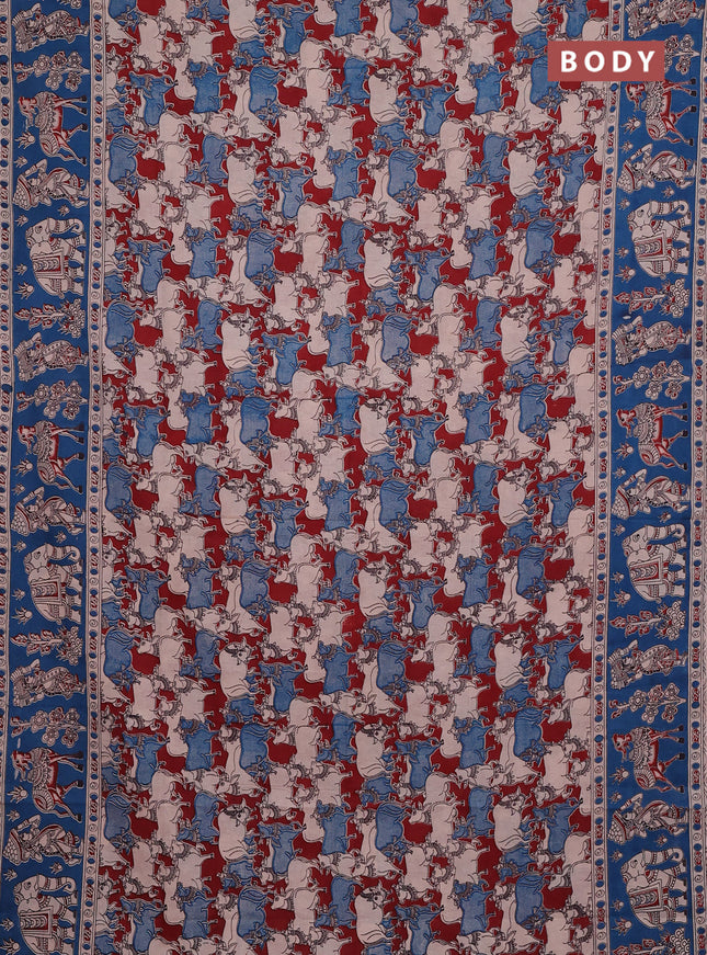 Kalamkari cotton saree maroon and peacock blue with allover pichwai prints and printed border
