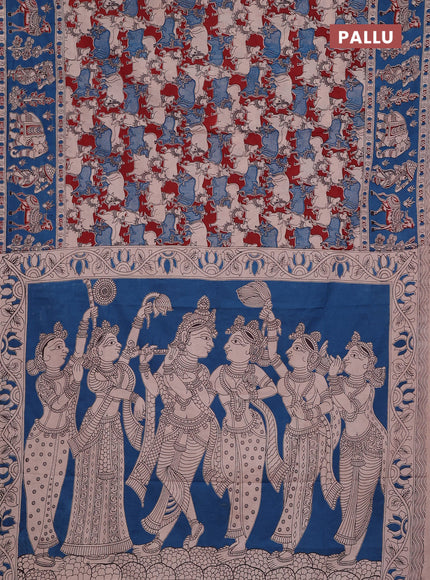Kalamkari cotton saree maroon and peacock blue with allover pichwai prints and printed border