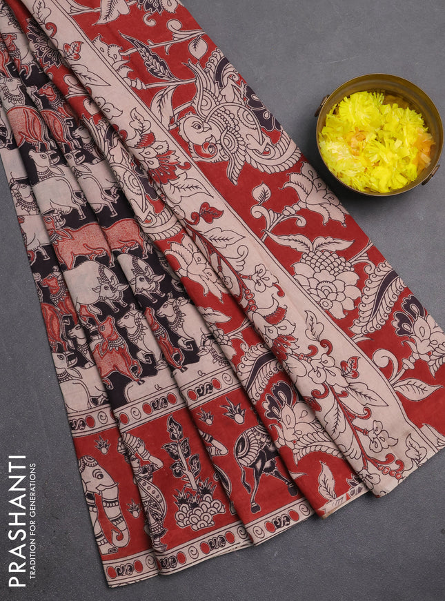 Kalamkari cotton saree black and maroon with allover pichwai prints and printed border
