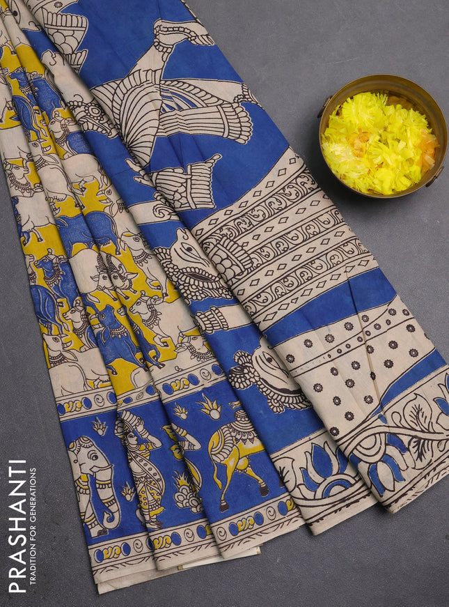 Kalamkari cotton saree yellow and blue with allover pichwai prints and printed border
